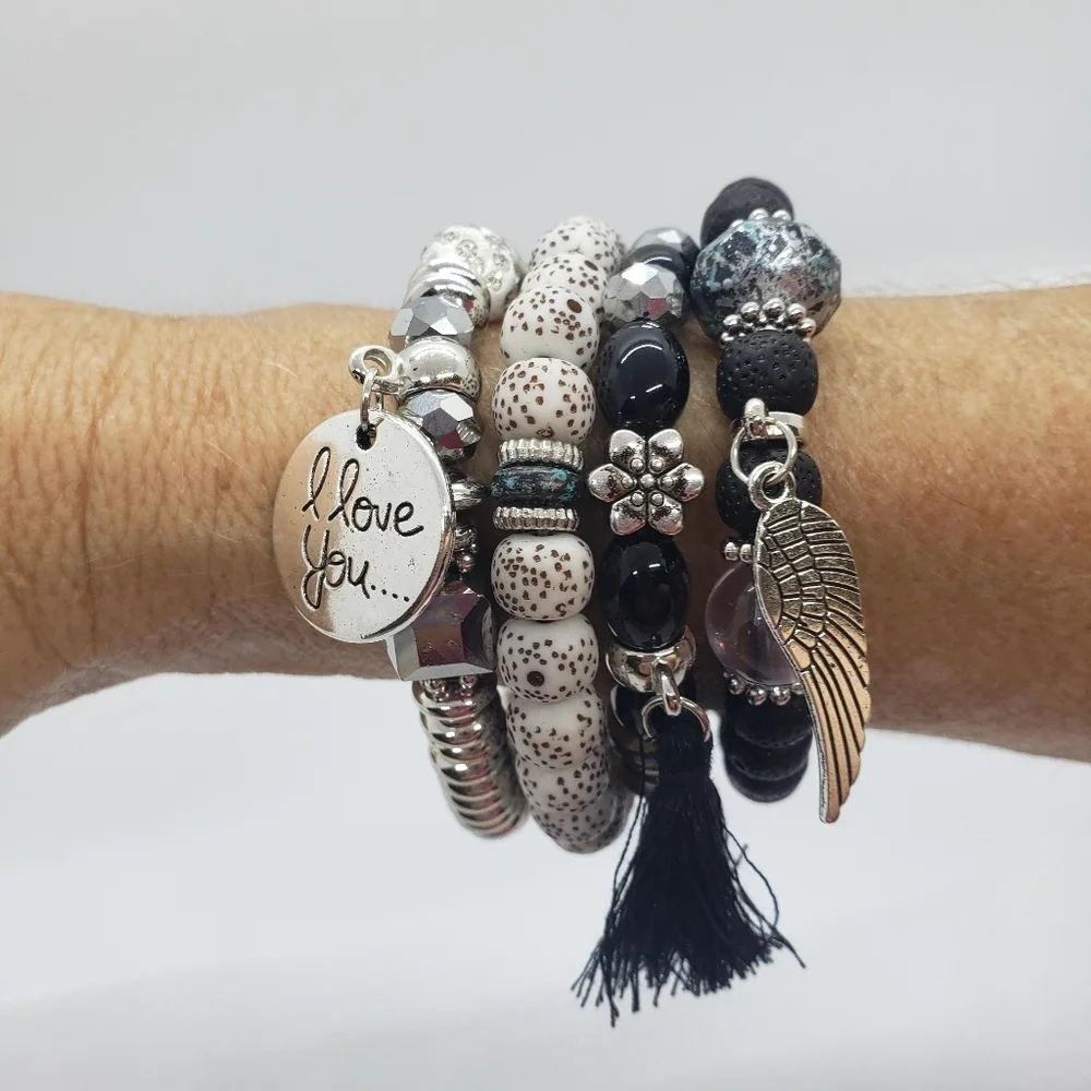 Beaded Bracelet Set Tassel Charms 4 Stretch Bracelet Set Black - Picture 5 of 11